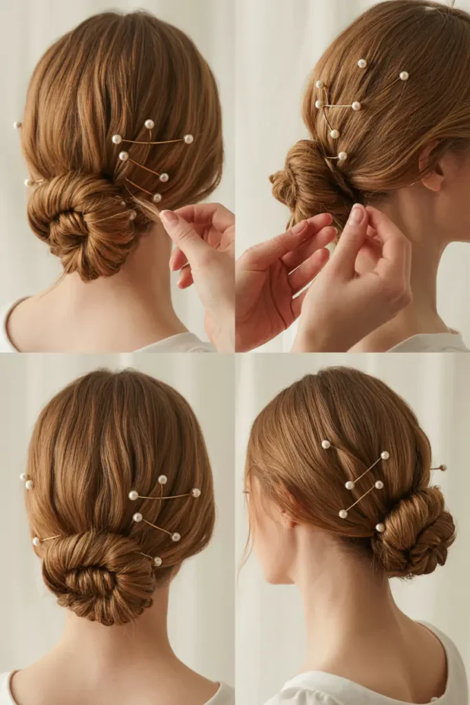 4. Low Twisted Bun With Pearl Hair Pins