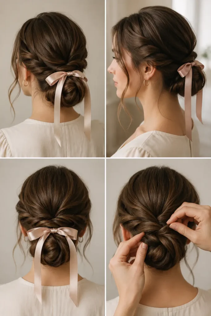 20. Low Twisted Bun with Satin Ribbon
