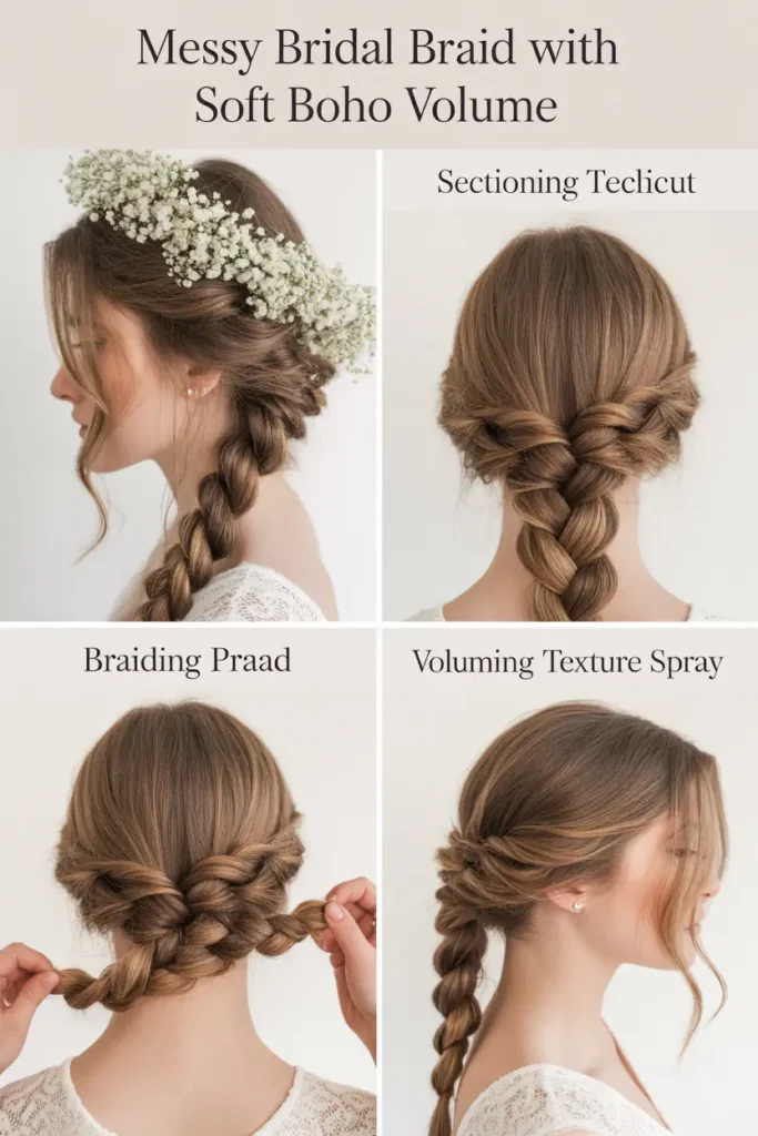 15. Messy Bridal Braid with Soft Boho Volume