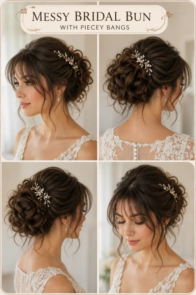 12. Messy Bridal Bun with Piecey Bangs