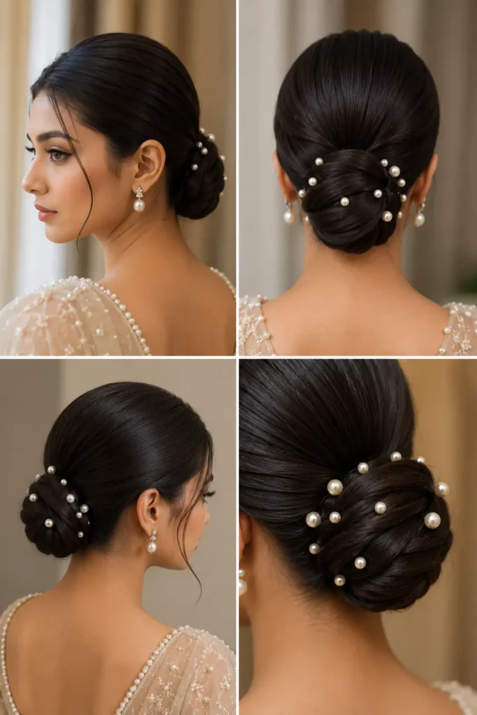 15. Minimal Sleek Bun with Pearl Details