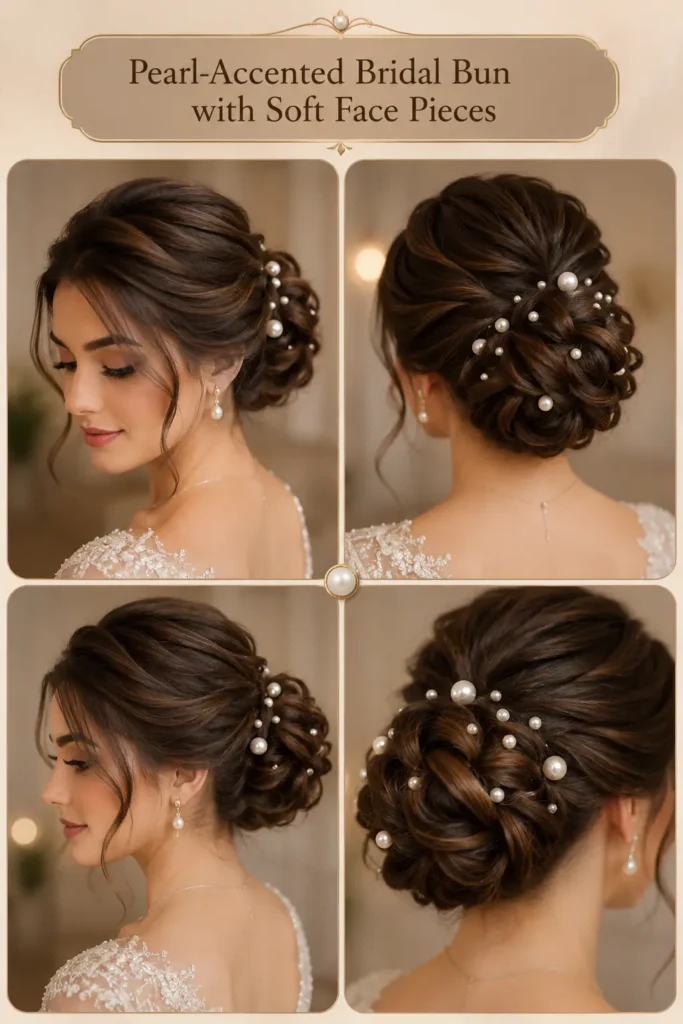 3. Pearl-Accented Bridal Bun with Soft Face Pieces