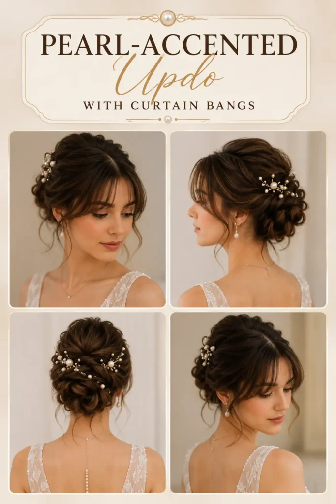 21. Pearl-Accented Updo with Curtain Bangs