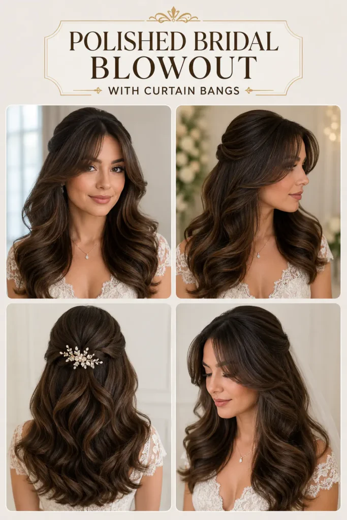 16. Polished Bridal Blowout with Curtain Bangs