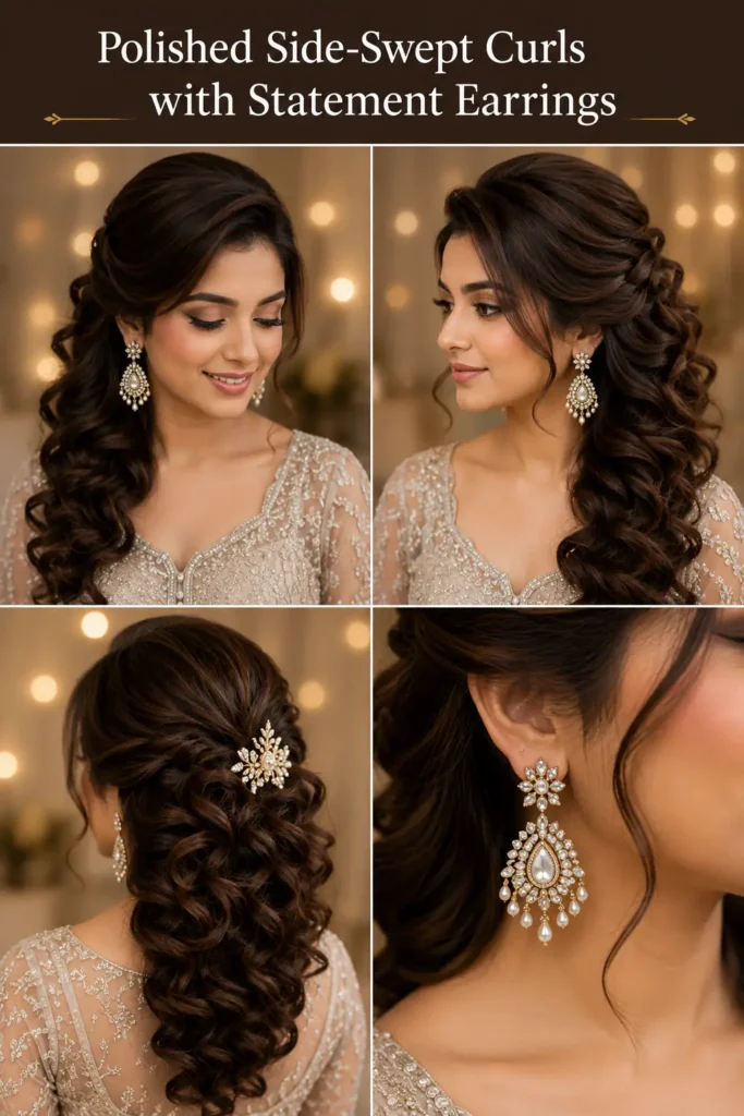 18. Polished Side-Swept Curls with Statement Earrings