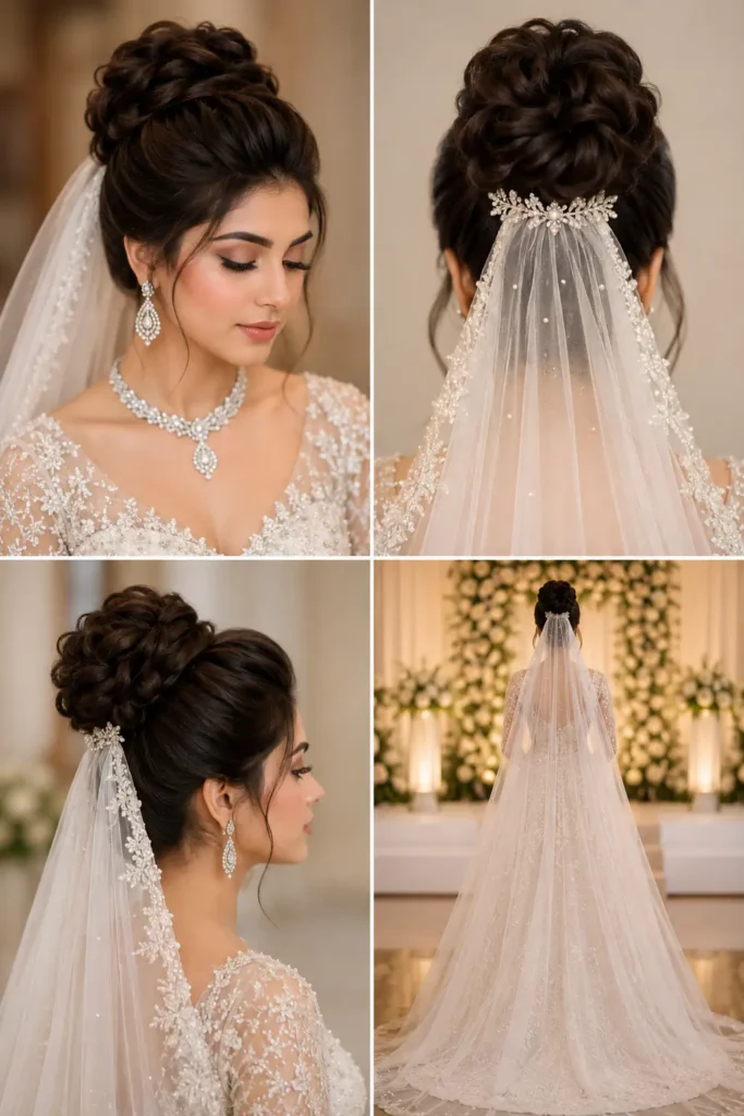 11. Regal High Bun with Veil Placement