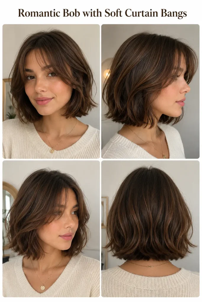 20. Romantic Bob with Soft Curtain Bangs