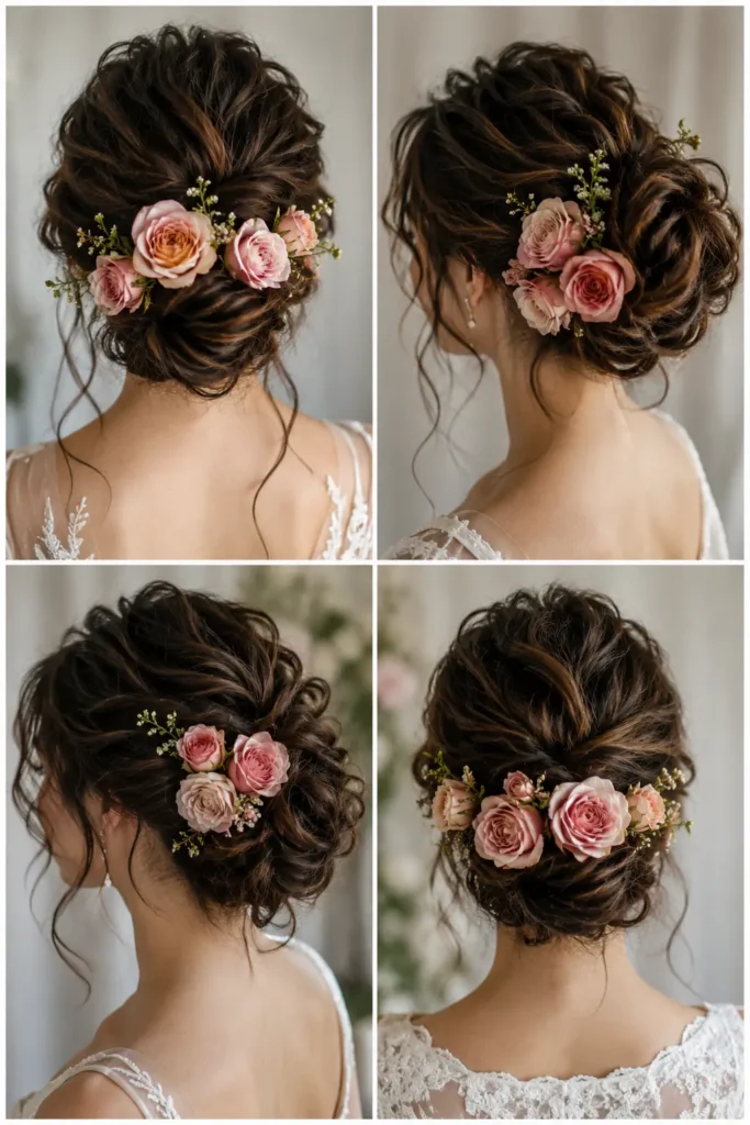 13. Romantic Bun with Fresh Rose Accents