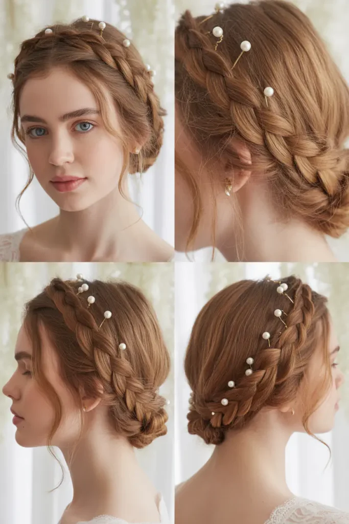2. Romantic Crown Braid with Pearl Hair Pins