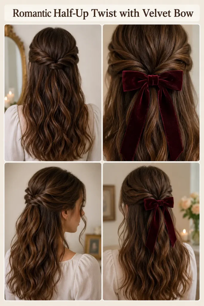 5. Romantic Half-Up Twist with Velvet Bow