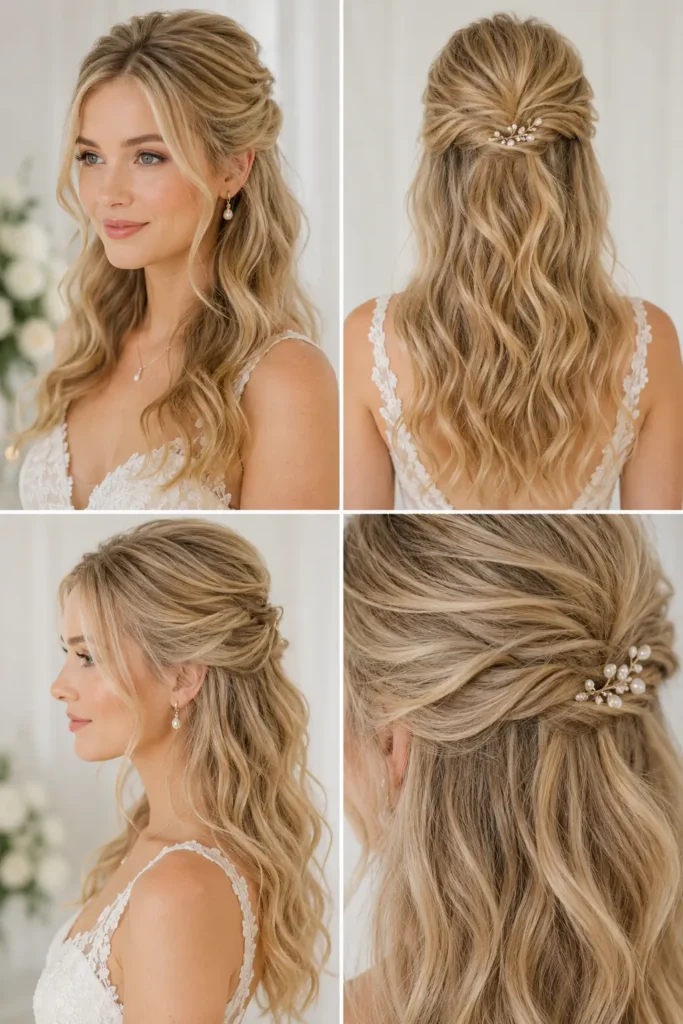 4. Romantic Half-Up Waves for Fine Bridal Hair
