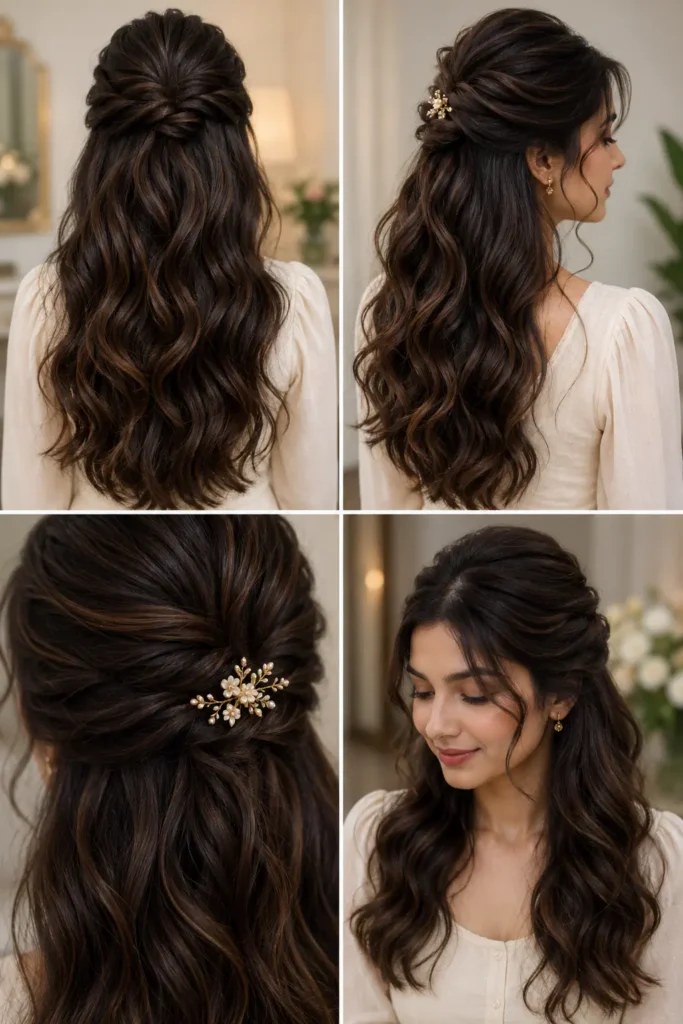 2. Romantic Half-Up Waves for Long Thick Hair