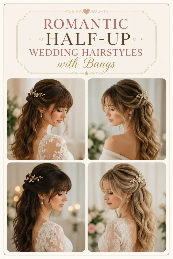2. Romantic Half-Up Wedding Hairstyles with Bangs