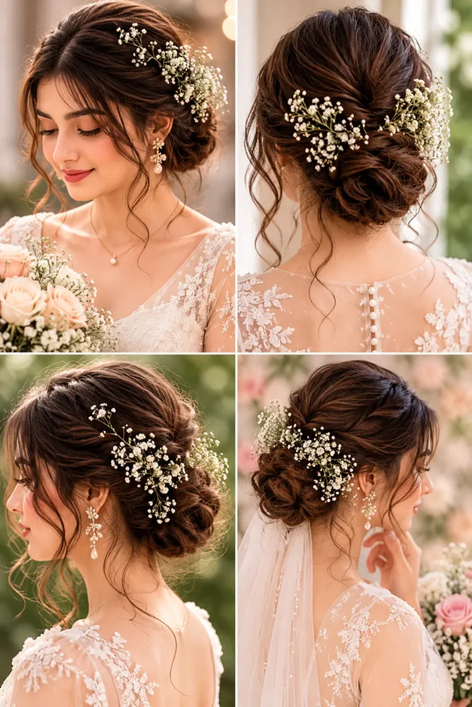 2. Romantic Low Chignon with Baby’s Breath