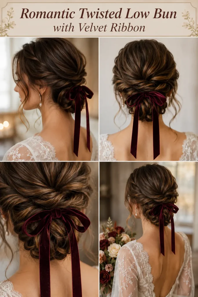 7. Romantic Twisted Low Bun with Velvet Ribbon