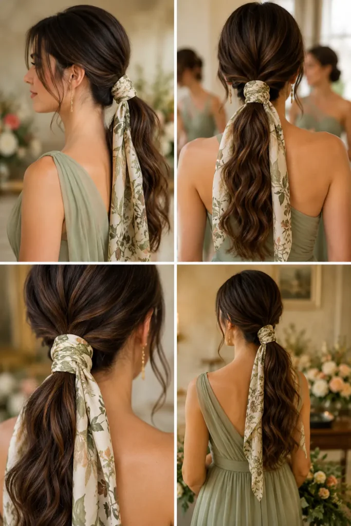 23. Scarf-Wrapped Low Ponytail for Bridesmaids