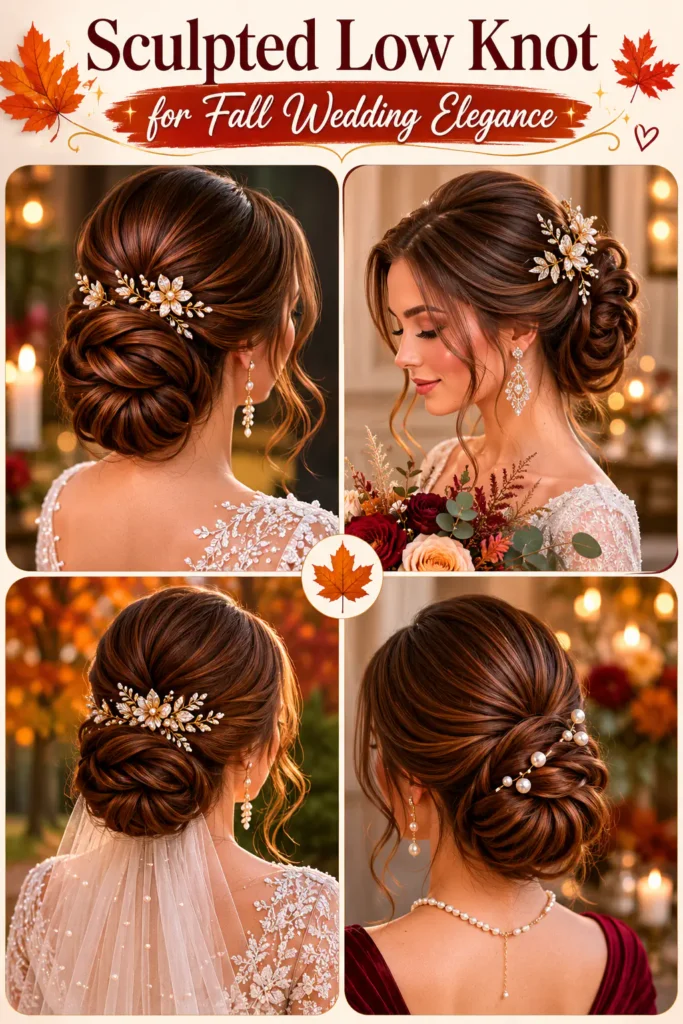 12. Sculpted Low Knot for Fall Wedding Elegance