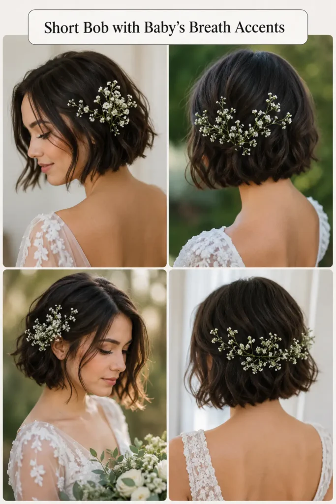 10. Short Bob with Baby’s Breath Accents