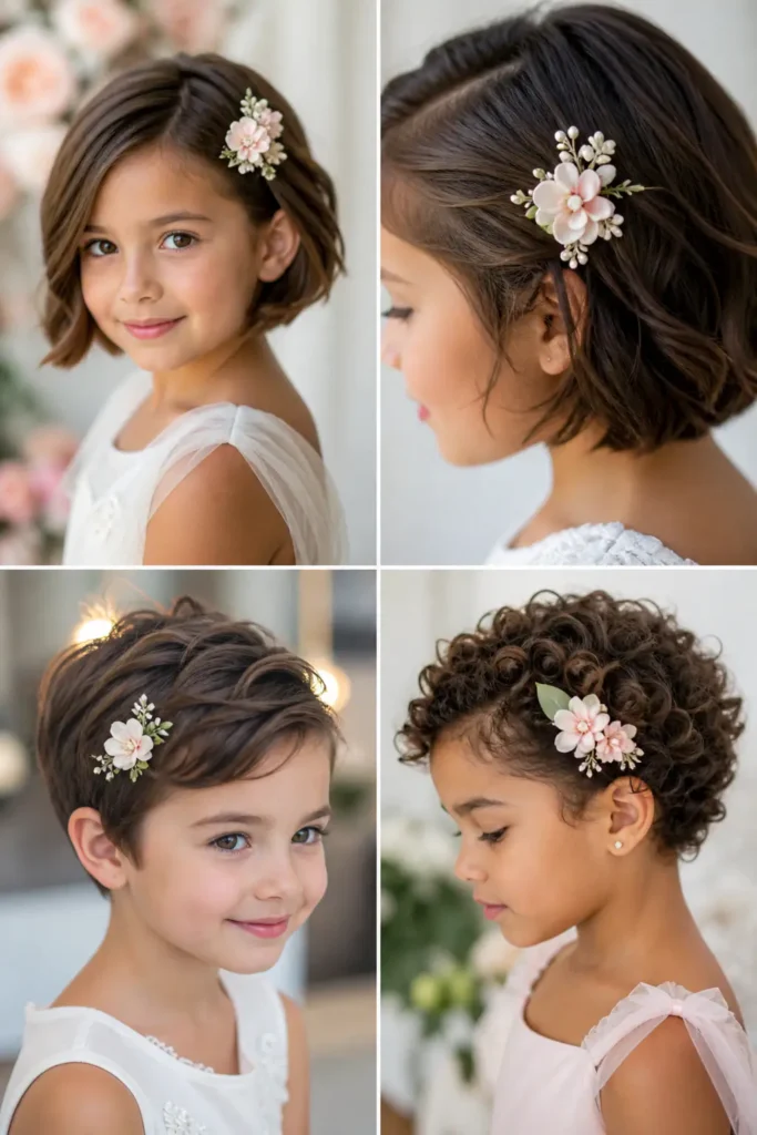 16. Short Hair Flower Girl Style With Floral Barrette