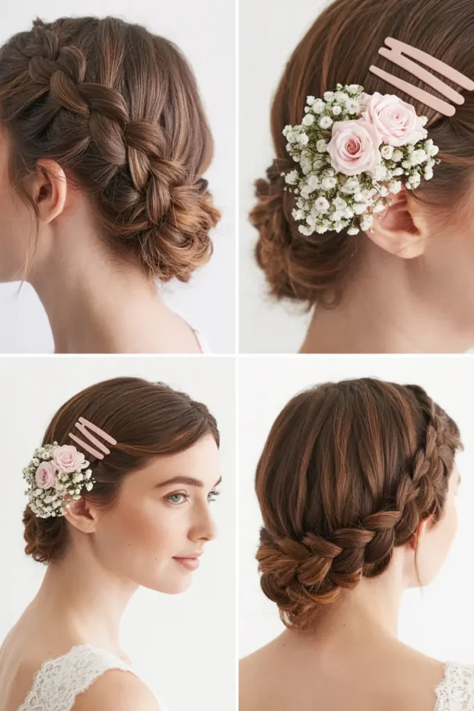8. Side Braid Wedding Hairstyle With Floral Clips