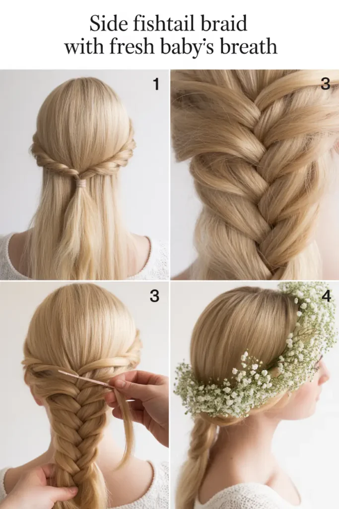 12. Side Fishtail Braid with Fresh Baby’s Breath