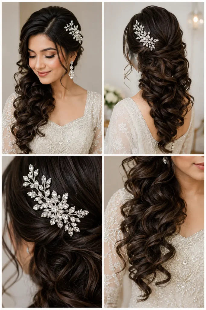 10. Side-Swept Curls with Crystal Comb