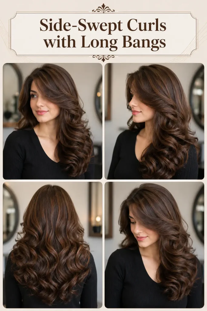 6. Side-Swept Curls with Long Bangs