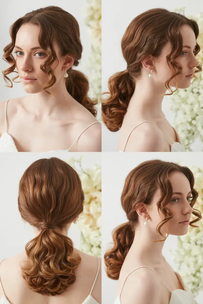 10. Simple Low Ponytail With Soft Wedding Curls