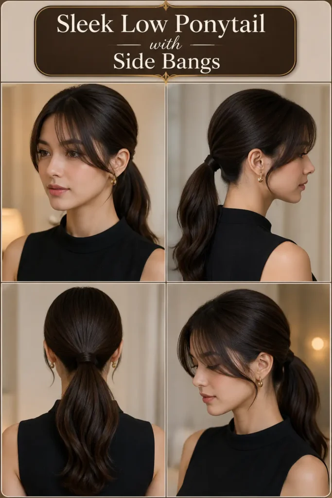 8. Sleek Low Ponytail with Side Bangs