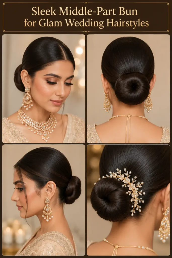 6. Sleek Middle-Part Bun for Glam Wedding Hairstyles