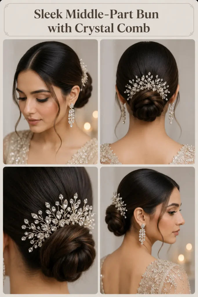 7. Sleek Middle-Part Bun with Crystal Comb