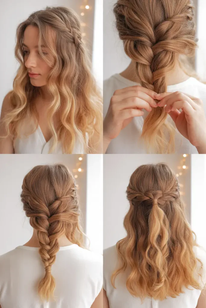 1. Soft Boho Fishtail Braid with Loose Face-Framing Waves
