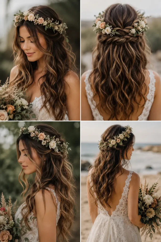 11. Soft Boho Waves with a Flower Crown