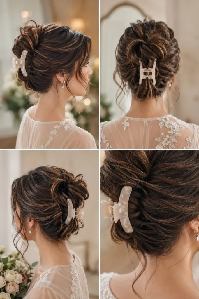16. Soft Claw Clip Updo with Bridal Finish