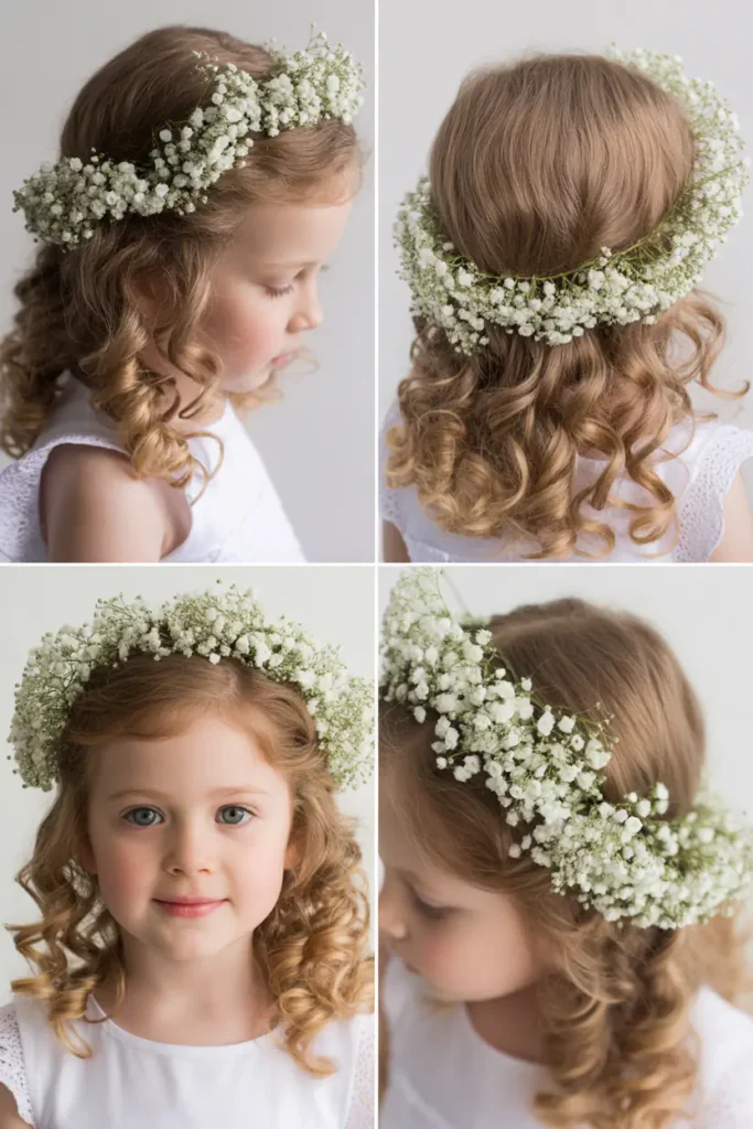 1. Soft Curled Flower Girl Hairstyle With Baby’s Breath