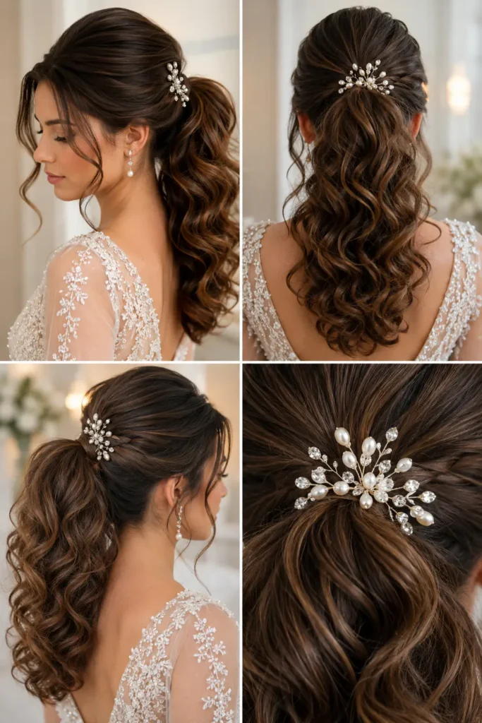 5. Soft Curled Ponytail with Bridal Pins