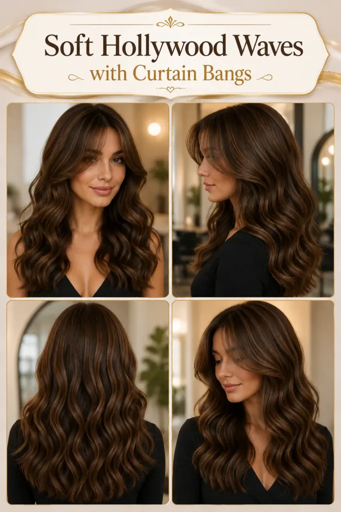 3. Soft Hollywood Waves with Curtain Bangs
