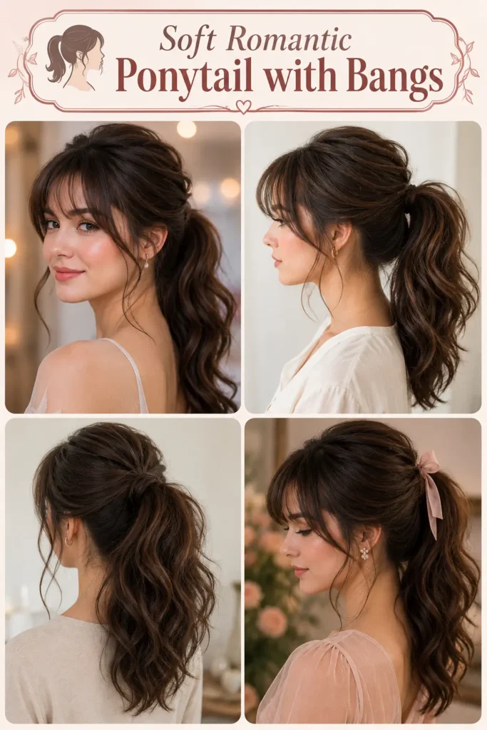 22. Soft Romantic Ponytail with Bangs