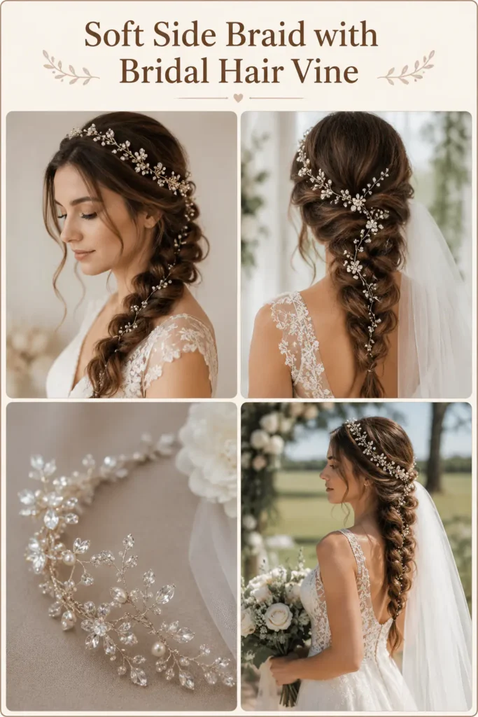 13. Soft Side Braid with Bridal Hair Vine
