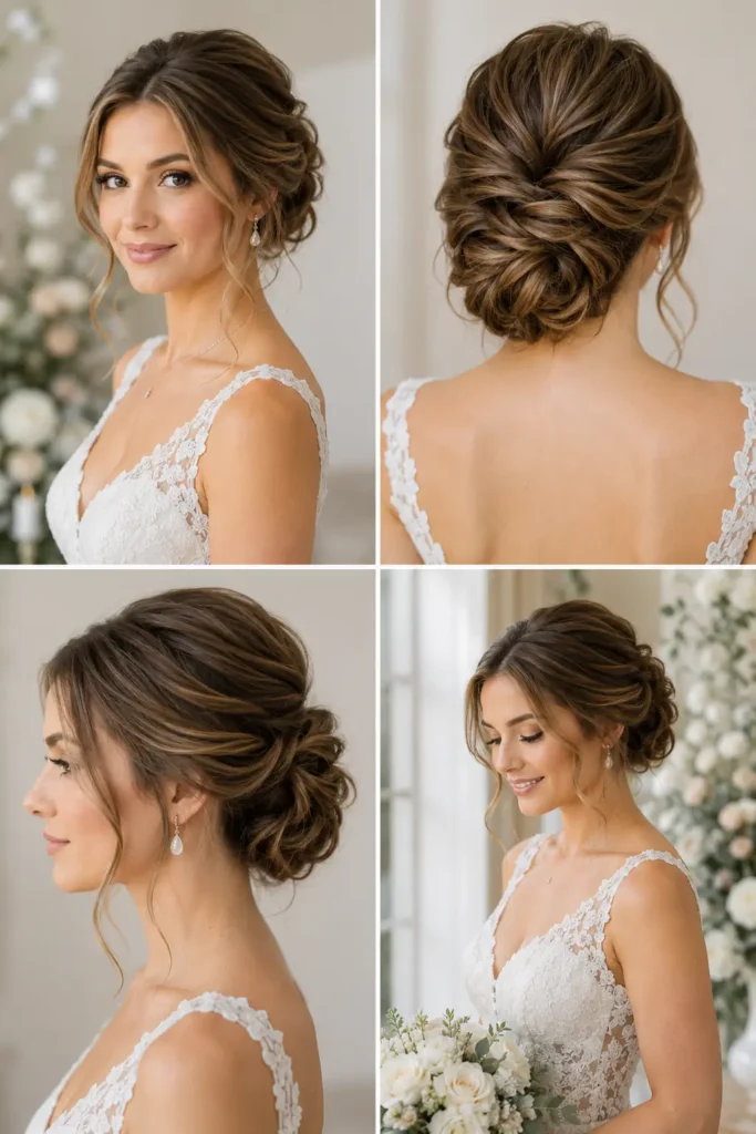 2. Soft Twisted Bridal Bun with Face-Framing Pieces