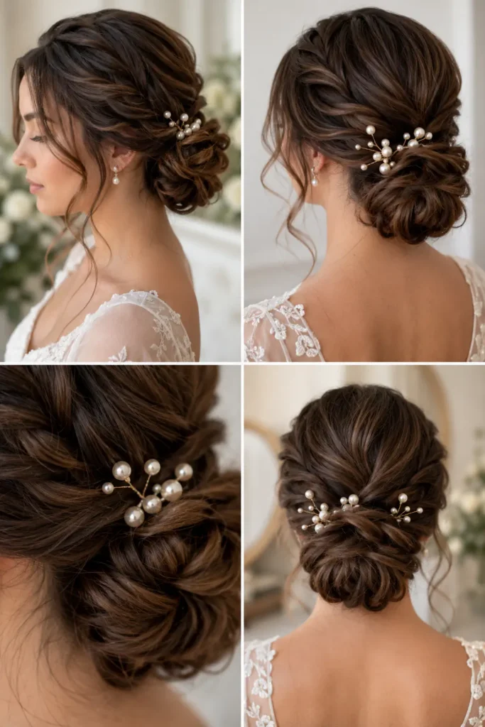 5. Soft Twisted Low Bun with Pearl Pins