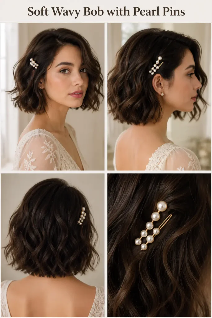1. Soft Wavy Bob with Pearl Pins