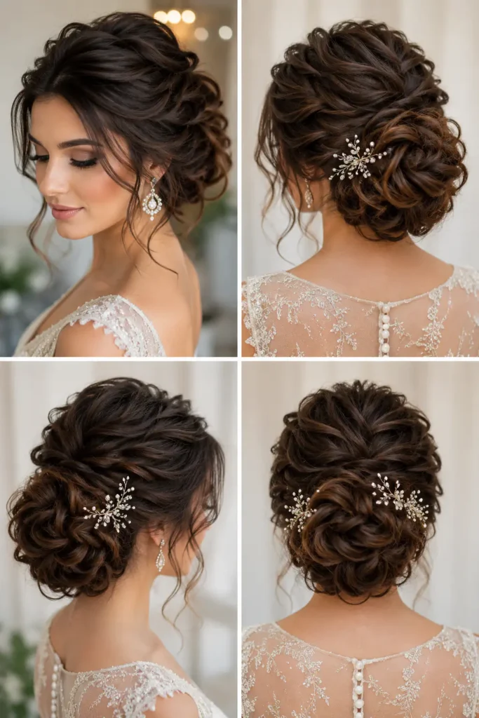 9. Textured Bridal Updo for Long Thick Hair
