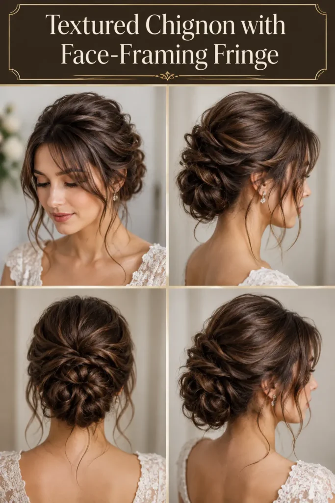 4. Textured Chignon with Face-Framing Fringe