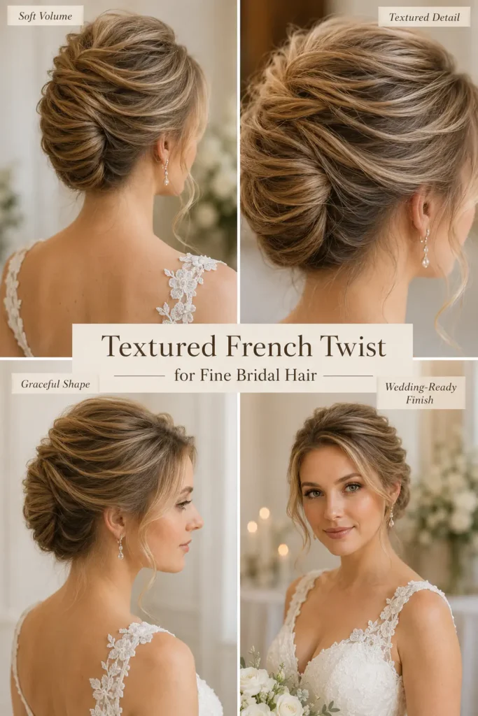 13. Textured French Twist for Fine Bridal Hair