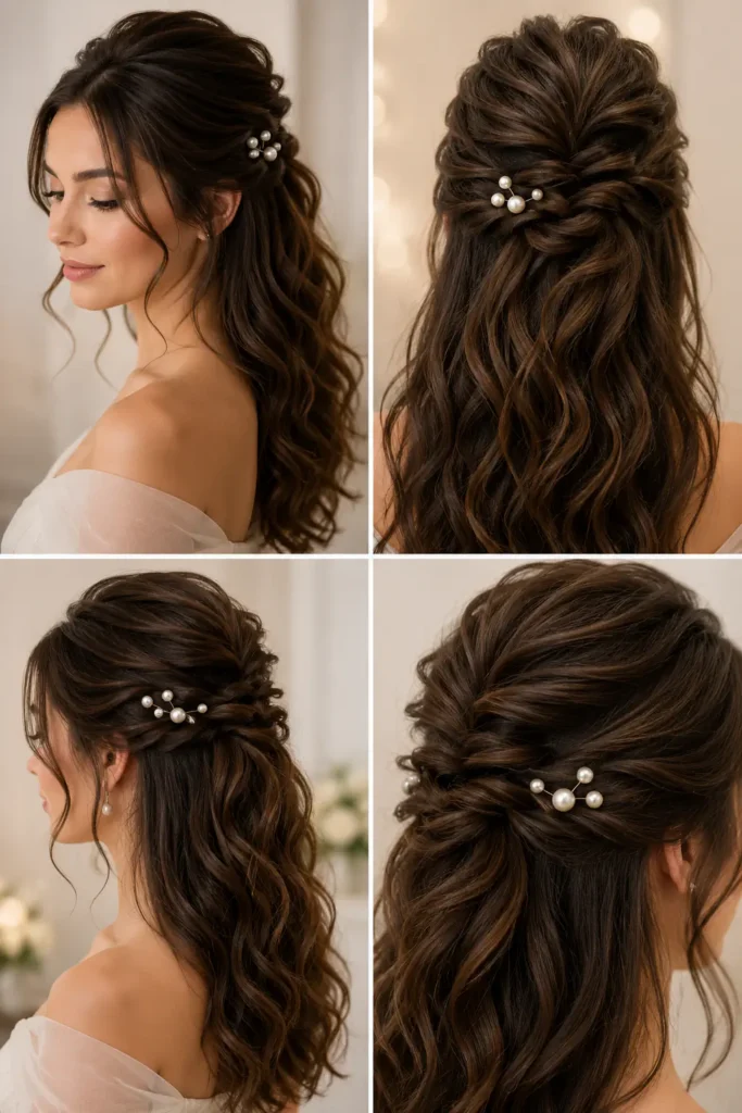 4. Textured Half-Up Hairstyle with Pearl Pins