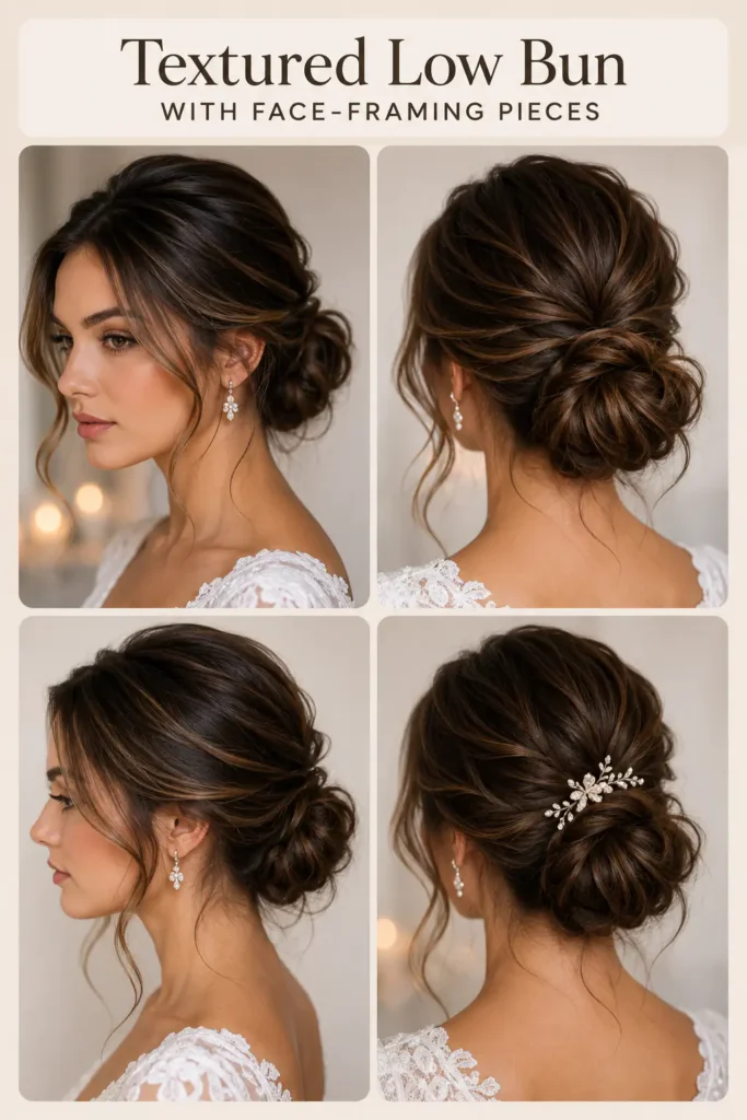 4. Textured Low Bun with Face-Framing Pieces