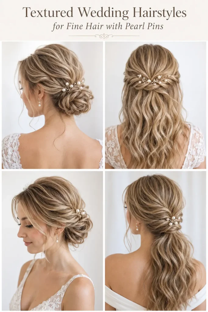 5. Textured Wedding Hairstyles for Fine Hair with Pearl Pins