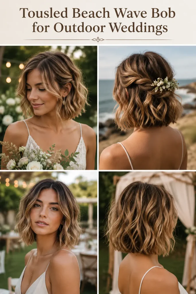 13. Tousled Beach Wave Bob for Outdoor Weddings