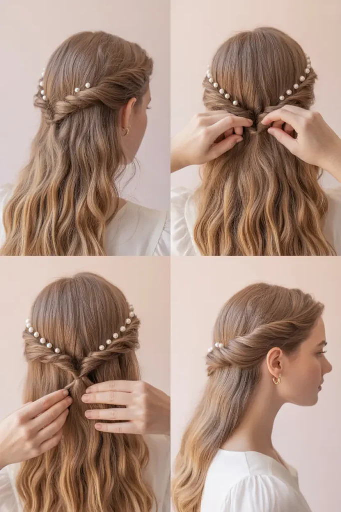 14. Twisted Half-Up Braid with Pearl Accessories